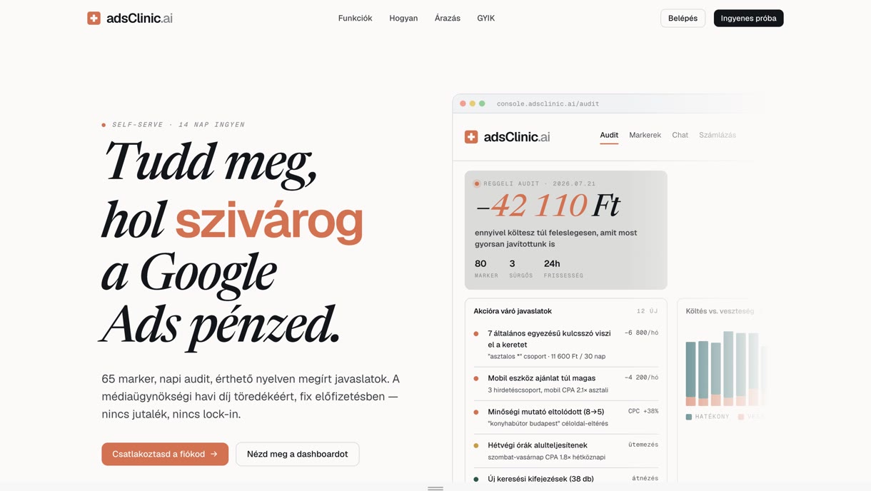 Az adsClinic.ai landing oldala: nagy headline balra, jobbra az audit-konzol a túlköltés összegével és az akcióra váró javaslatok listájával.
