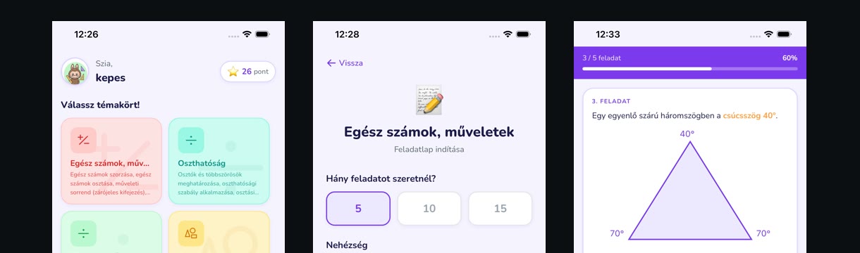 Az imádokmatekozni.hu app három képernyője: témakörválasztó, feladatlap-indítás és feladatmegoldás.